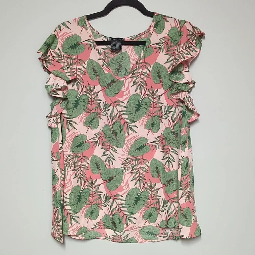 IB Diffusion Pink Tropical V Neck Flutter Sleeve